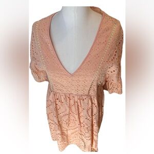 Loveriche NWT Ruffled Eyelet Boutique Dress Lined Blush Peach Short Sleeve Small